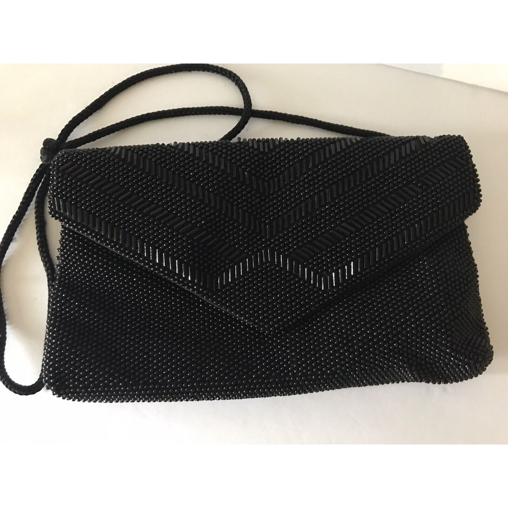 Vintage Black Beaded Holiday Fair Purse 9 1/2” X 5 1/2” Snap Closure